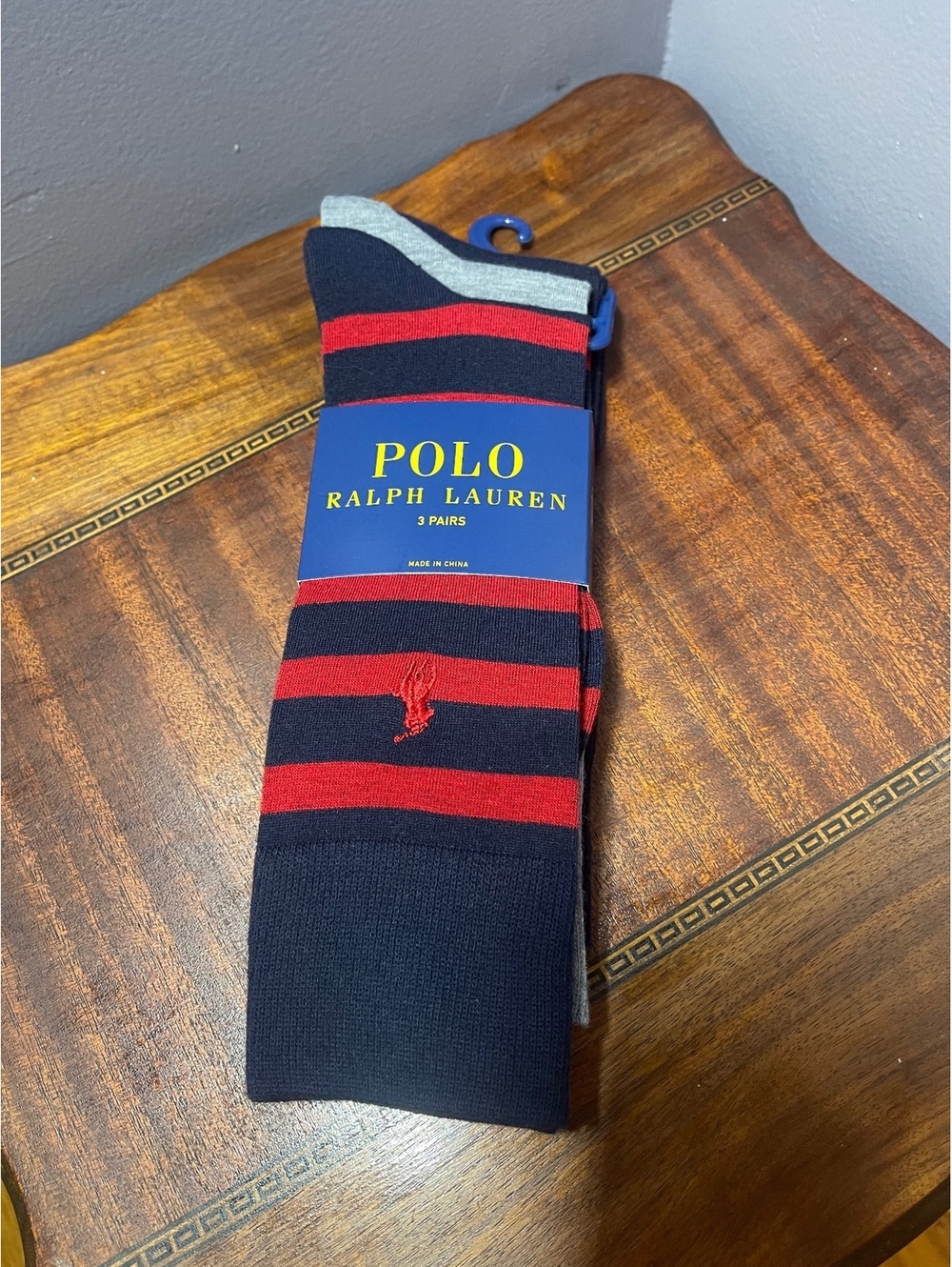 Polo Ralph Lauren Men's 3 Pairs Crew Socks Navy Red Gray Stripes